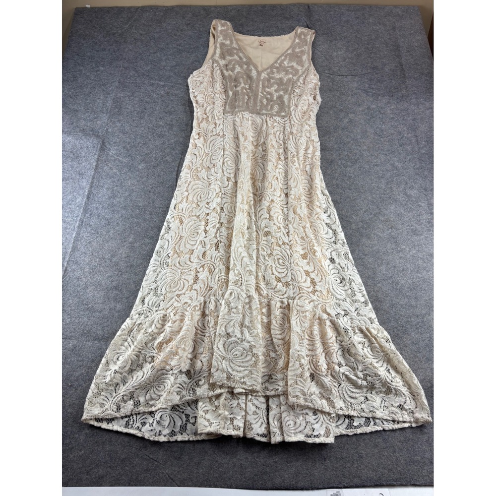 Reba Womens L Cream Floral Lace Sleeveless Maxi Dress Cottagecore Rhinestones